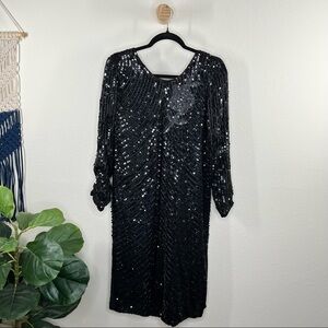 Vintage beaded long sleeve shift dress in black